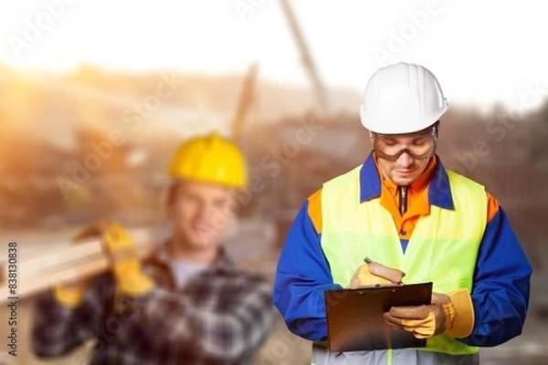 Fototapeta Engineering team on construction site for building project