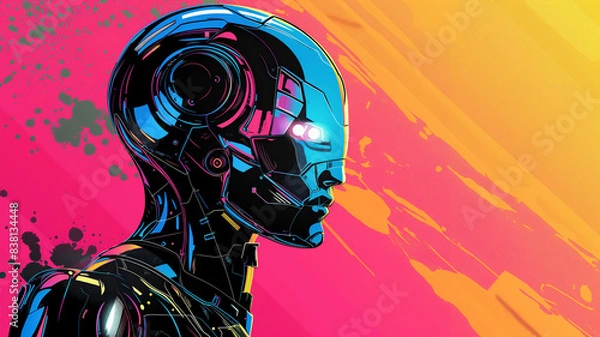 Fototapeta Pop art robot concept. Colorful background in pop art retro comic style. Copy paste area for text