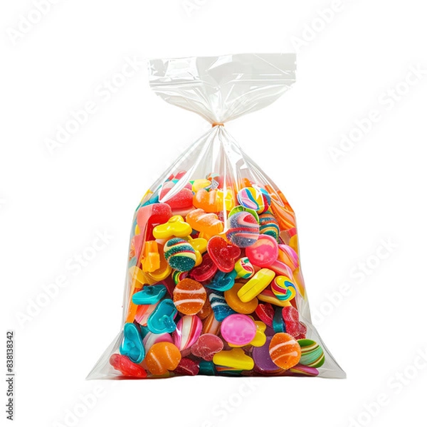 Fototapeta A clear bag filled with colorful assorted candies, offering a delightful variety of sweet treats perfect for any occasion or celebration, transparent background, PNG