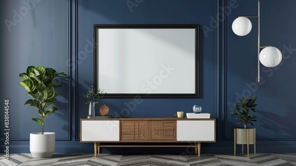 Fototapeta An empty dark blue wall background with a mockup frame on a cabinet in a living room interior.