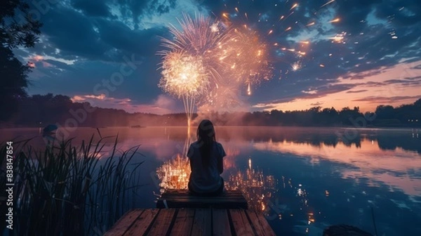 Fototapeta A lone figure sits by a lake, watching fireworks explode over the water. The sky is filled with color and light, creating a magical scene.