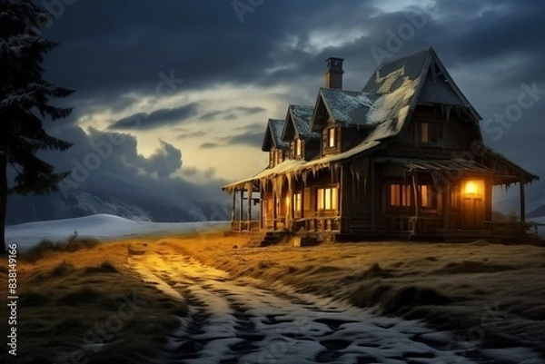 Fototapeta Twilight Sanctuary: A Warmly Lit Cabin Against a Dramatic Sky in a Remote Wilderness 