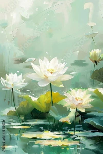 Obraz 幻想的な池に咲く白い蓮の花