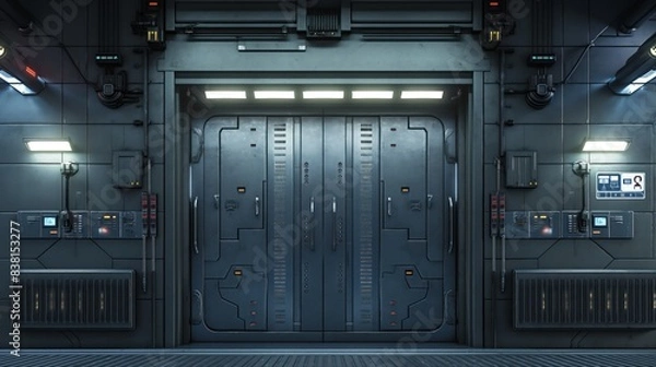 Obraz symmetrical  sci-fi gate steel door with complex closing mechanism