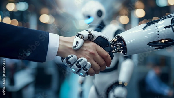 Fototapeta A humanoid robot shakes hands with a businessman, set in a futuristic high-tech environment.