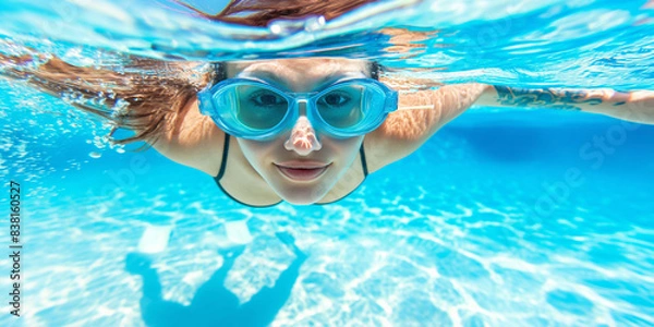 Fototapeta Hübsche Frau Unterwasser mit Taucherbrille lacht Nahaufnahmen Querformat für Banner
