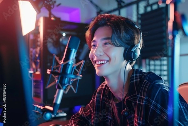 Obraz 部屋で動画配信の撮影をする日本人男性（ライブ配信・YouTube・ ユーチューバー・クリエイター）