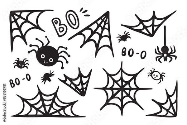 Fototapeta Spider web doodle icons Halloween decoration set. Monochrome Cobweb. Cute Spiders web elements.