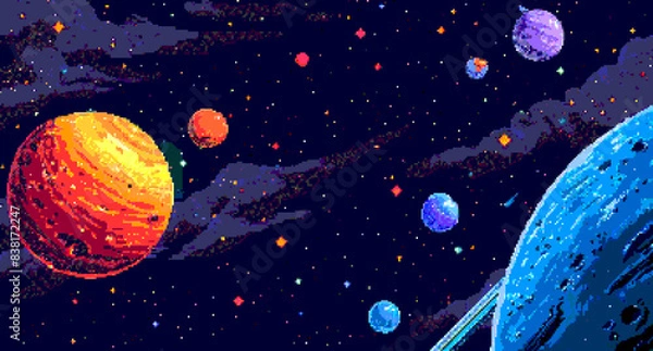 Fototapeta 8-bit pixel art of a space background with stars, planets and galaxies in the style of game assets for a 2D side-scrolling game style