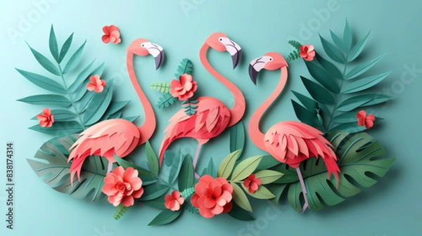 Fototapeta Colorful paper art featuring flamingos among tropical leaves and flowers, creating a vibrant and exotic scene.