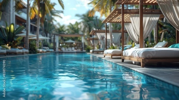 Fototapeta Luxury swimming pool with elegant cabanas, capturing relaxation and exclusivity, selective focus, upscale resort, vibrant, overlay, resort backdrop