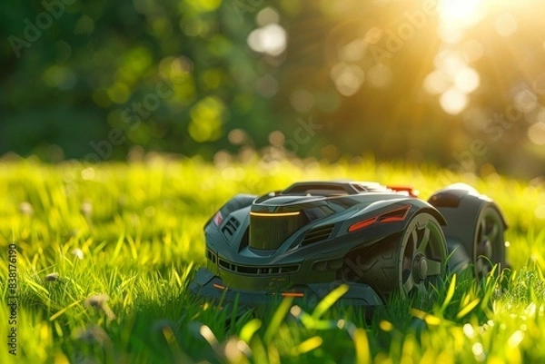Fototapeta As the robot lawn mower glided effortlessly over the yard, its precise mowing left the grass looking fresh and beautifully manicured