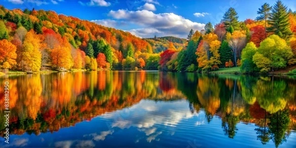 Fototapeta Serene lake surrounded by autumn foliage, reflecting the vibrant colors of fall