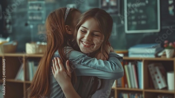 Fototapeta Two young friends share a heartfelt hug in a cozy classroom, symbolizing friendship and warmth. Shelves filled with books create a studious atmosphere.