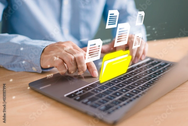 Obraz Data transfer technology concept. FTP(File Transfer Protocol) files recovery computer backup. Transfer document of data folder. Cloud backup data download management, Exchange file copy, DMS loading