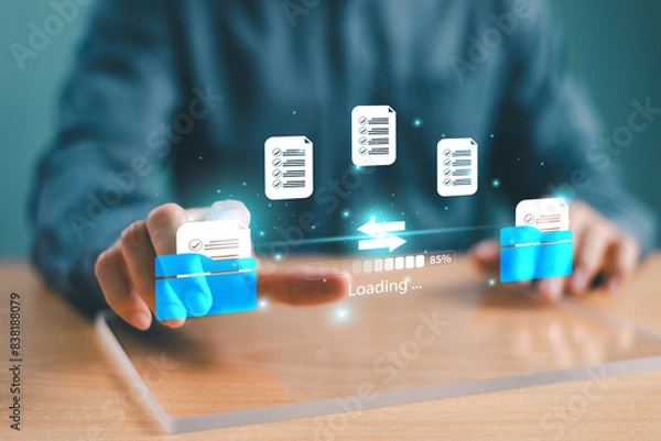 Obraz Data transfer technology concept. FTP(File Transfer Protocol) files recovery computer backup. Transfer document of data folder. Cloud backup data download management, Exchange file copy, DMS loading