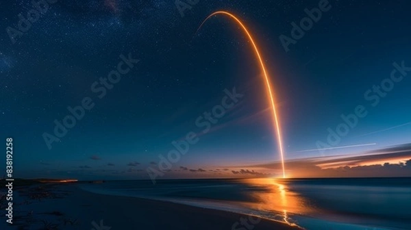 Fototapeta A nighttime rocket launch with a bright trail of light close up on the light trail celestial theme surreal Blend mode Night sky backdrop. realistically