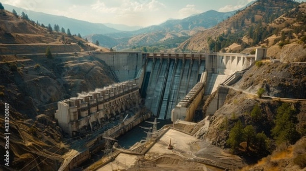 Obraz Large construction project featuring a hydroelectric dam, showcasing monumental concrete structures in a mountainous setting, emphasizing renewable energy and environmental impact. 