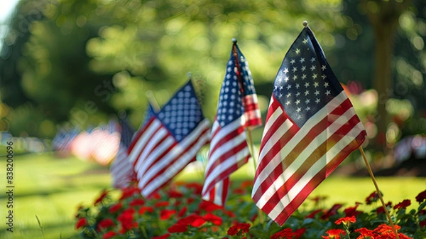 Fototapeta The image shows a person celebrating with joy in front of a background of stars and stripes.