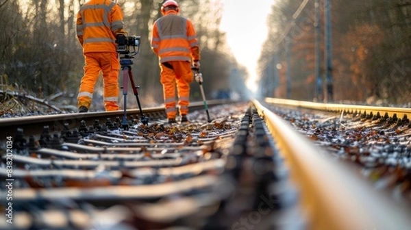 Fototapeta Maintenance Crew on Railway Tracks Using Digital Tools for Inspection