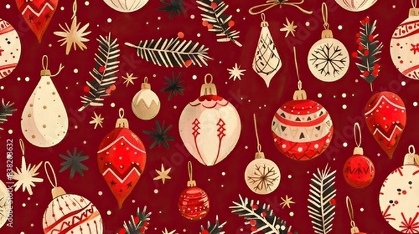 Fototapeta Beautiful Xmas pattern with ornaments. Christmas wrapping paper concept