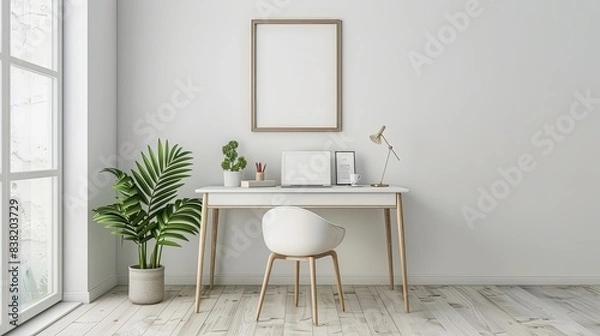 Fototapeta Minimalist Home Office with White Desk and Chair, frame mockup, 3d render, 3d illustrations.
