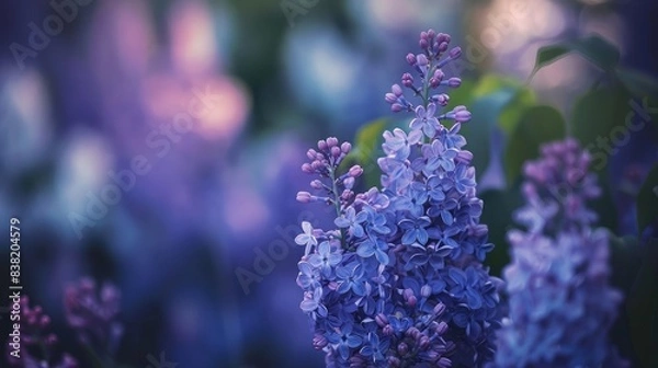 Fototapeta Close-up of blooming lilacs with a blurred garden background, emphasizing the rich color and texture of the flowers