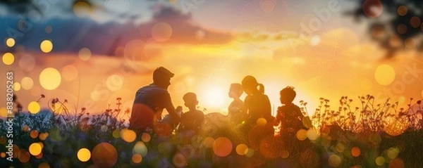 Obraz Silhouetted family enjoying a beautiful sunset in a meadow with a glowing bokeh effect, depicting a warm, serene evening moment.