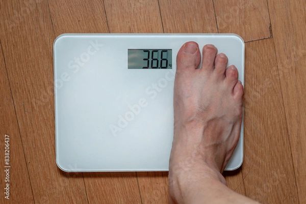 Fototapeta A person measuring weight on a scale