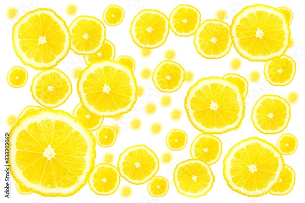 Fototapeta Chaotically flying lemon slices isolated on a transparent background.