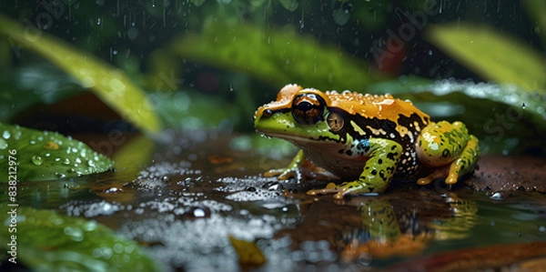 Fototapeta wildlife of frogs perched on rocks and trees in the forest