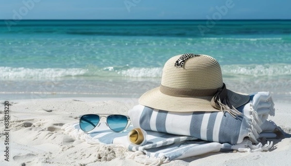 Obraz Seaside Tranquility: Straw Hat and Sunglasses on a Chic Beach Towel by the Turquoise Waters