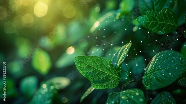 Obraz Green leaves with interconnected network lines, representing technology and nature