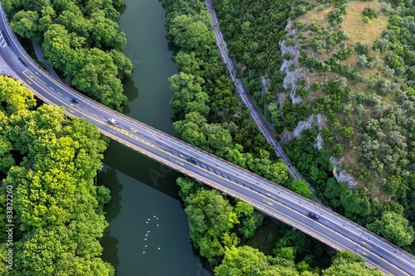 Fototapeta Aerial view of the bridge and the road over the river Pinios in