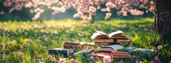 Fototapeta Serene outdoor reading spot under a blossoming cherry tree with scattered books on the grass generated by AI