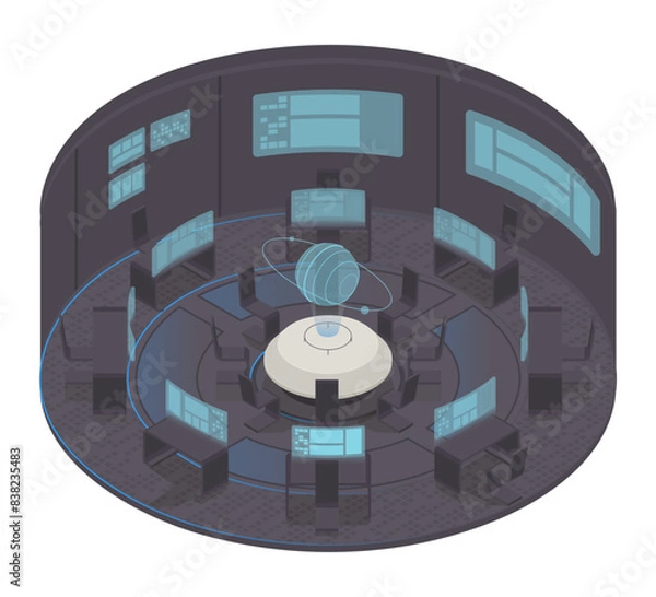 Fototapeta Vector isometric low poly minimalistic tech interior with various furniture. Modern vector illustration. Futuristic round innovative room concept.
