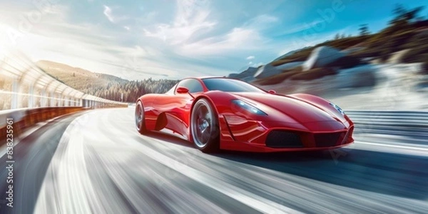 Obraz Red Business car on high speed in turn. Super car rushing along a high-speed highway with motion speed in sunny day