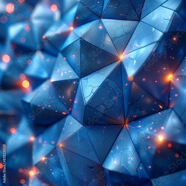 Fototapeta Geometric 3D background with a mosaic of colorful polygonal shapes in shades of blue, red, and orange, creating a dynamic and visually striking effect.