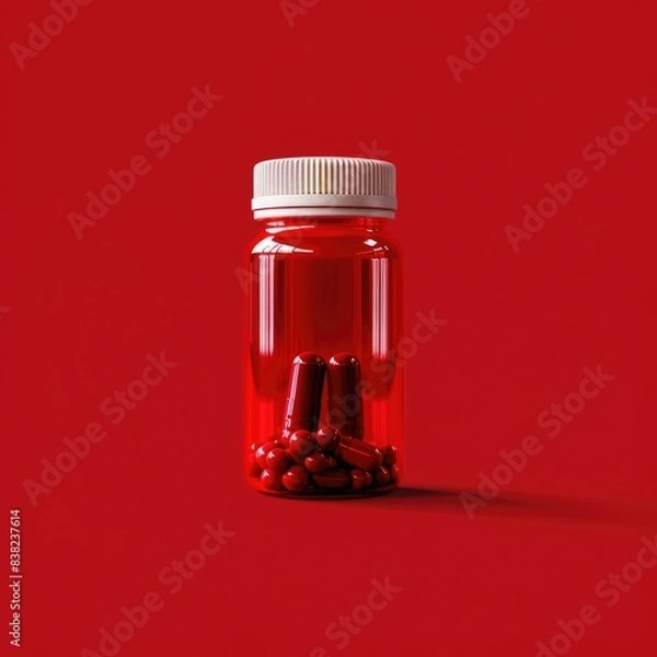 Obraz Red pill supplements in pill bottle on red background