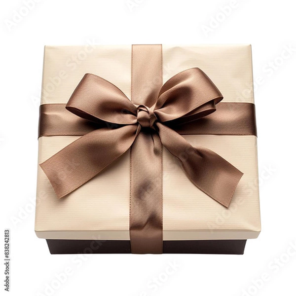 Fototapeta A simple and elegant gift box tied with a brown satin ribbon and bow.