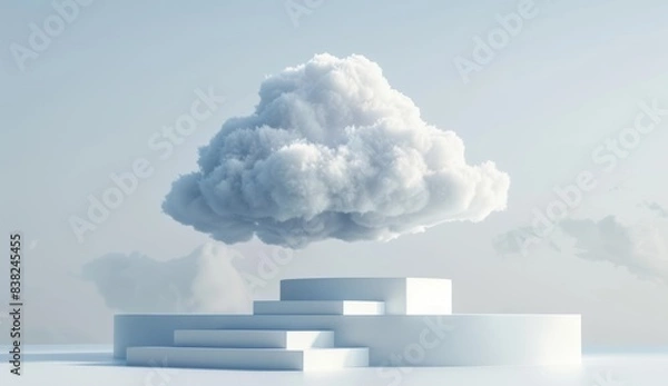 Fototapeta Blue cloud on top of white stairway. 3D illustration of a staircase for product placement.