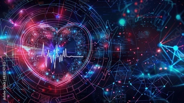 Obraz Digital heart wave in neon colors with tech symbols, symbolizing modern advancements in healthcare technology