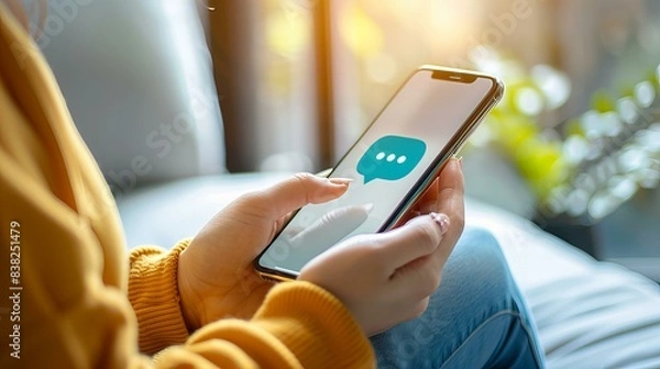 Fototapeta A close-up shot of a person using a smartphone to send a message, with a bright and cozy background. The image captures the moment of digital communication and connectivity