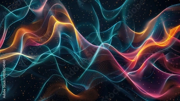 Fototapeta Mesmerizing graphic waves of light, forming dynamic patterns in various colors on a dark backdrop