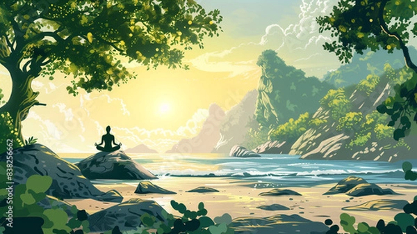 Obraz Serene illustration of a person practicing yoga in a peaceful garden surrounded by lush greenery. Mindfulness and relaxation concept
