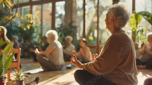 Obraz A heartwarming scene of a group of seniors doing yoga together with supportive aids in a comfortable studio setting. Senior wellness and community concept