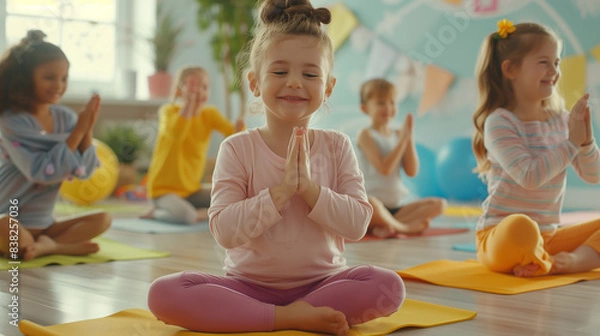 Obraz A joyful scene of children practicing yoga with an instructor in a bright and playful classroom. Youth fitness and engagement concept
