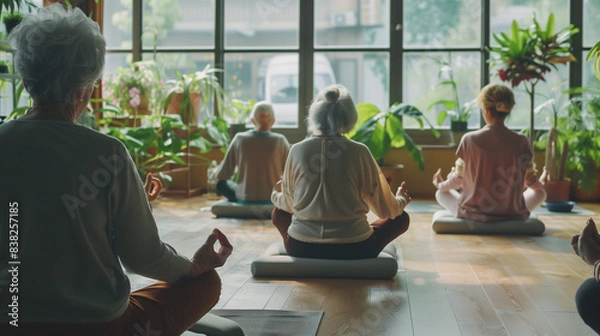 Obraz A heartwarming scene of a group of seniors doing yoga together with supportive aids in a cozy studio. Senior wellness and community concept