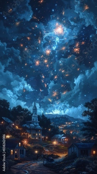 Fototapeta A magical night sky illuminated by a myriad of glowing stars above a tranquil village, radiating peace and serenity under the celestial beauty.