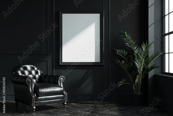 Obraz Picture frame mockup in dark tones with leather black armchair and decoration minimal